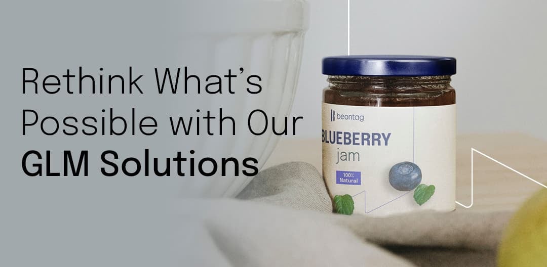 Image for Beontag GLM Solutions featuring a labeled blueberry jam jar on a table, highlighting premium packaging and decorative label design.