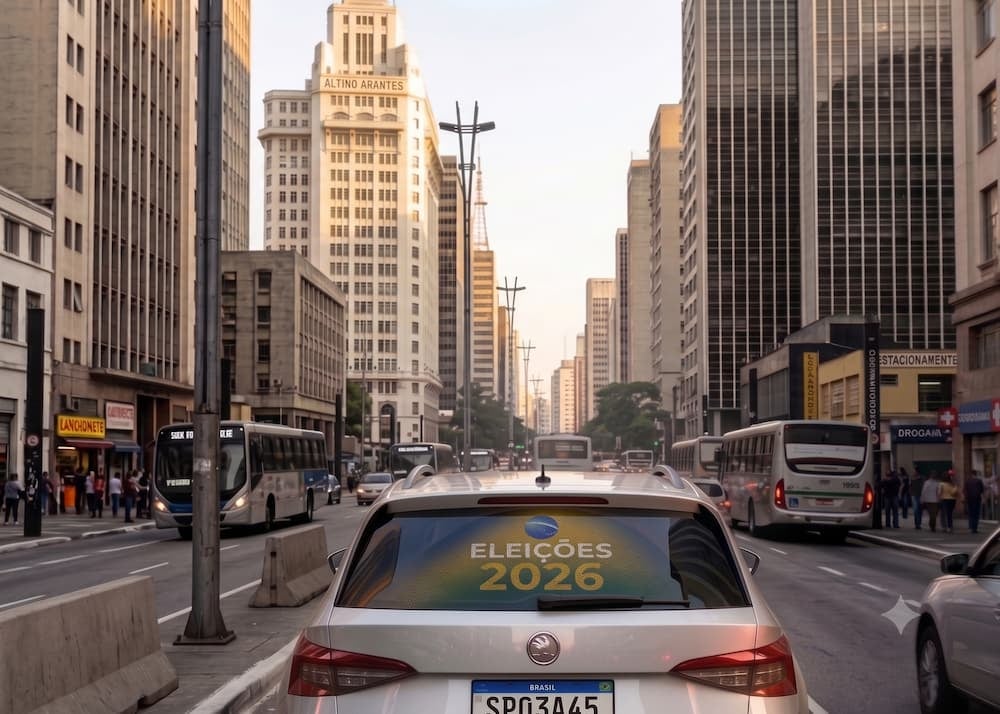 Adesivo para eleições aplicado no vidro traseiro de um carro em avenida urbana.