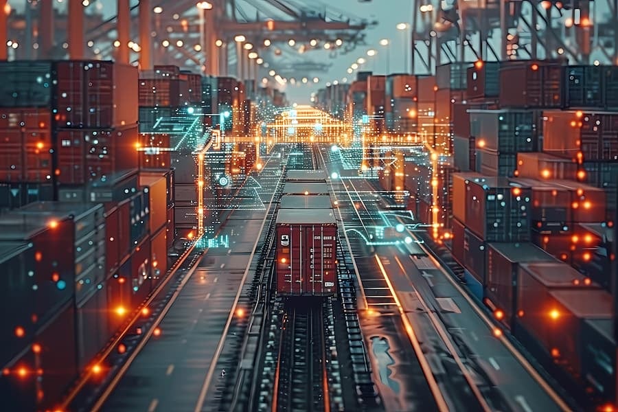 Digital illustration of a smart container terminal with connected cargo movements and real-time data overlays, representing how RFID middleware integrates RFID devices, logistics systems, and supply chain operations.